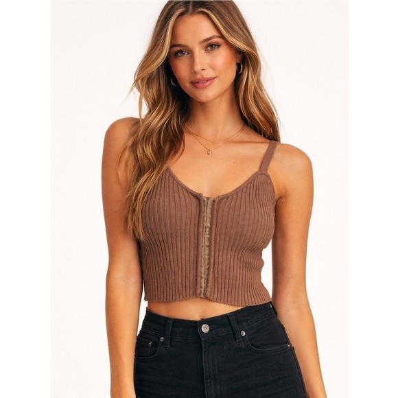 Mable Tops - Mable Brown Ribbed Knit Hook and Eye Corset Crop‎ Top Small
